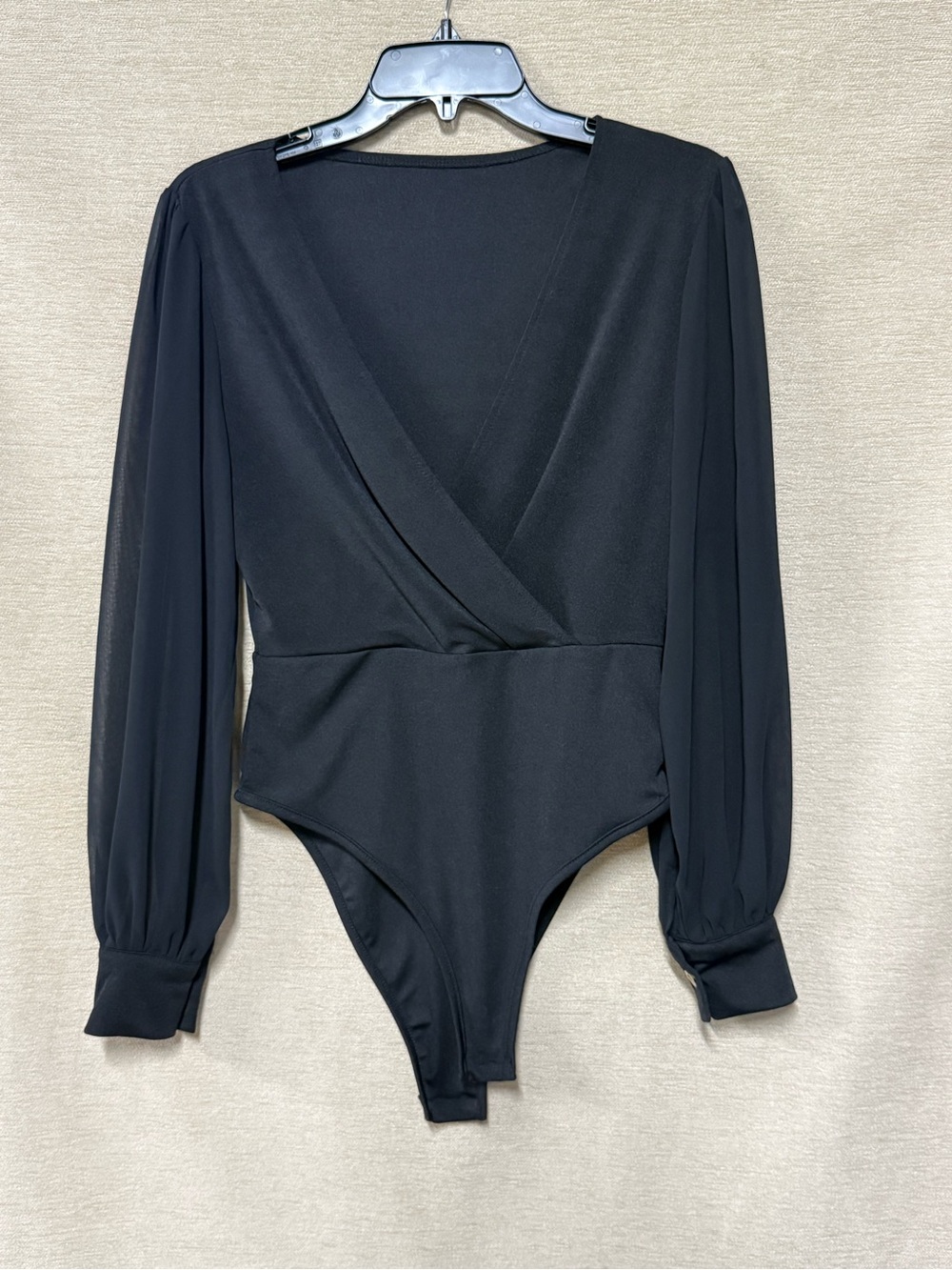 Black Long-Sleeve Wrap Bodysuit with Sheer Sleeves